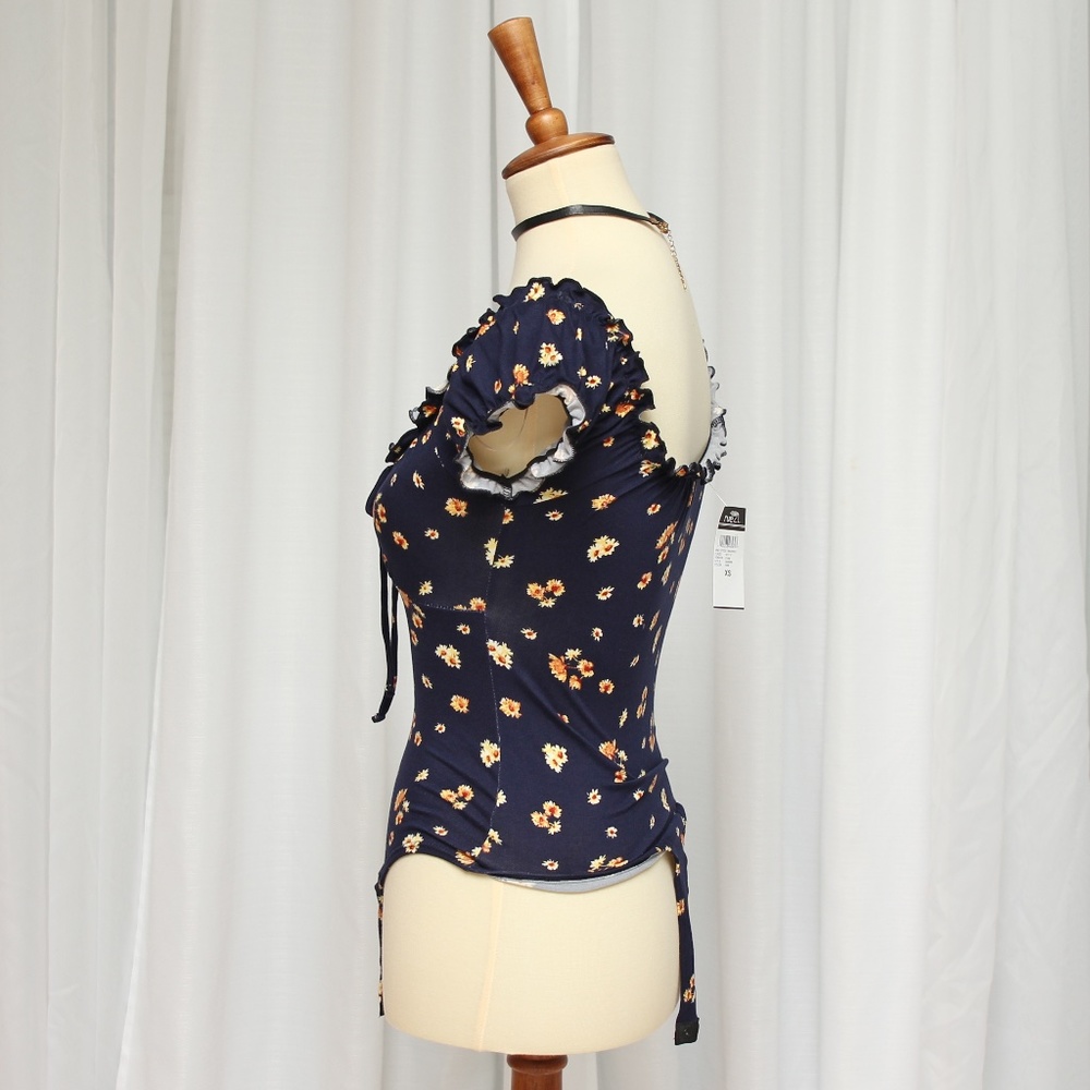 Navy Floral Print Super Soft Puff Sleeve - Picture 5 of 7